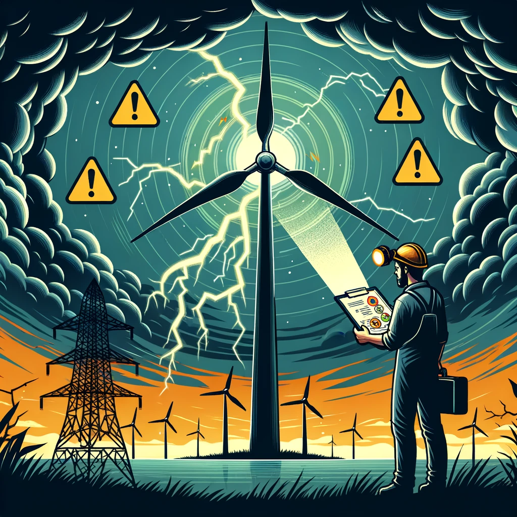 DALL·E 2023-10-26 10.09.29 - Vector art of a wind turbine against a stormy sky, emanating warning signals. Below, a technician with a headlamp reviews an electrical diagram and pr
