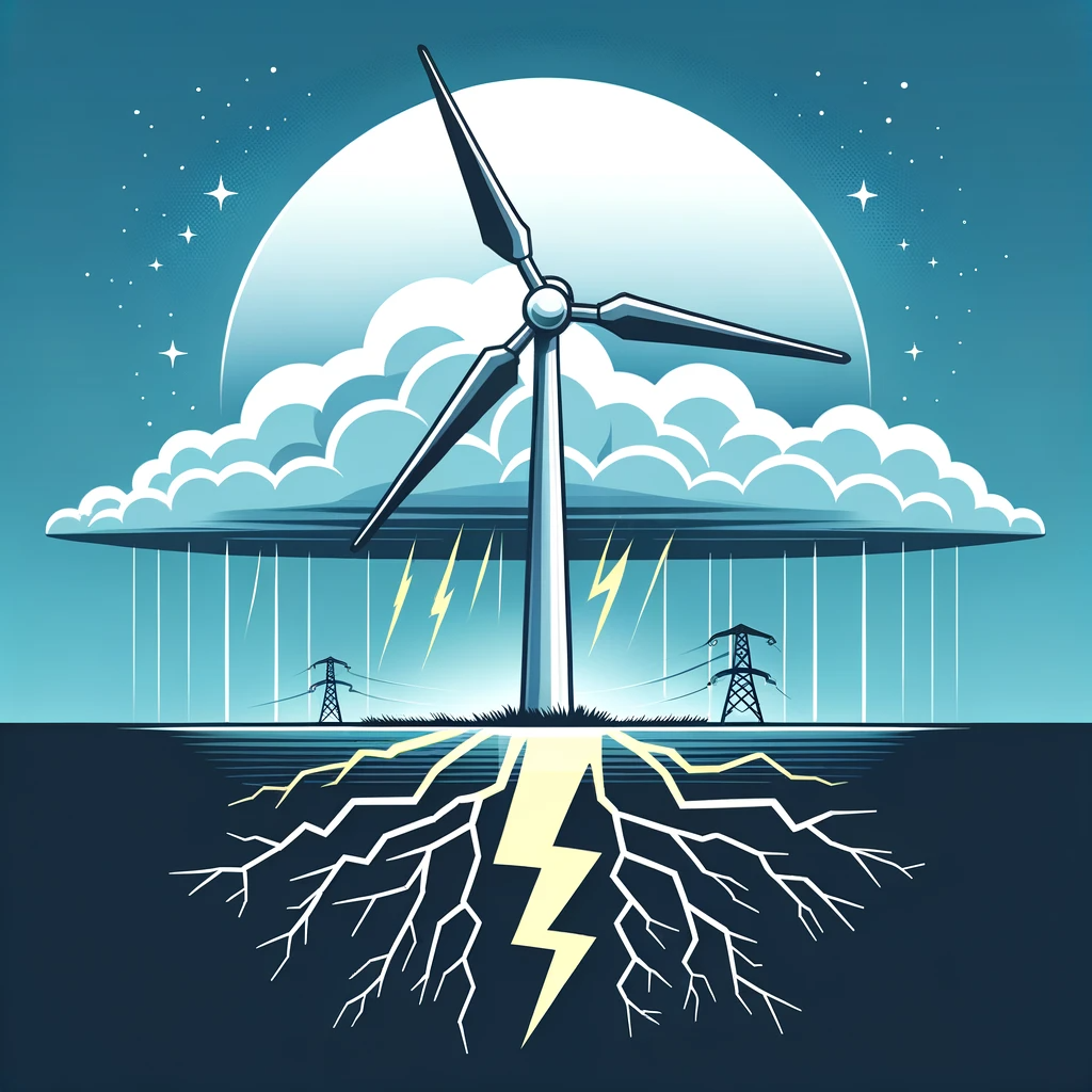 DALL·E 2023-10-26 11.40.45 - Vector design showing a wind turbine standing tall amidst a thunderstorm. A bold lightning bolt approaches the turbine but is redirected down to the e