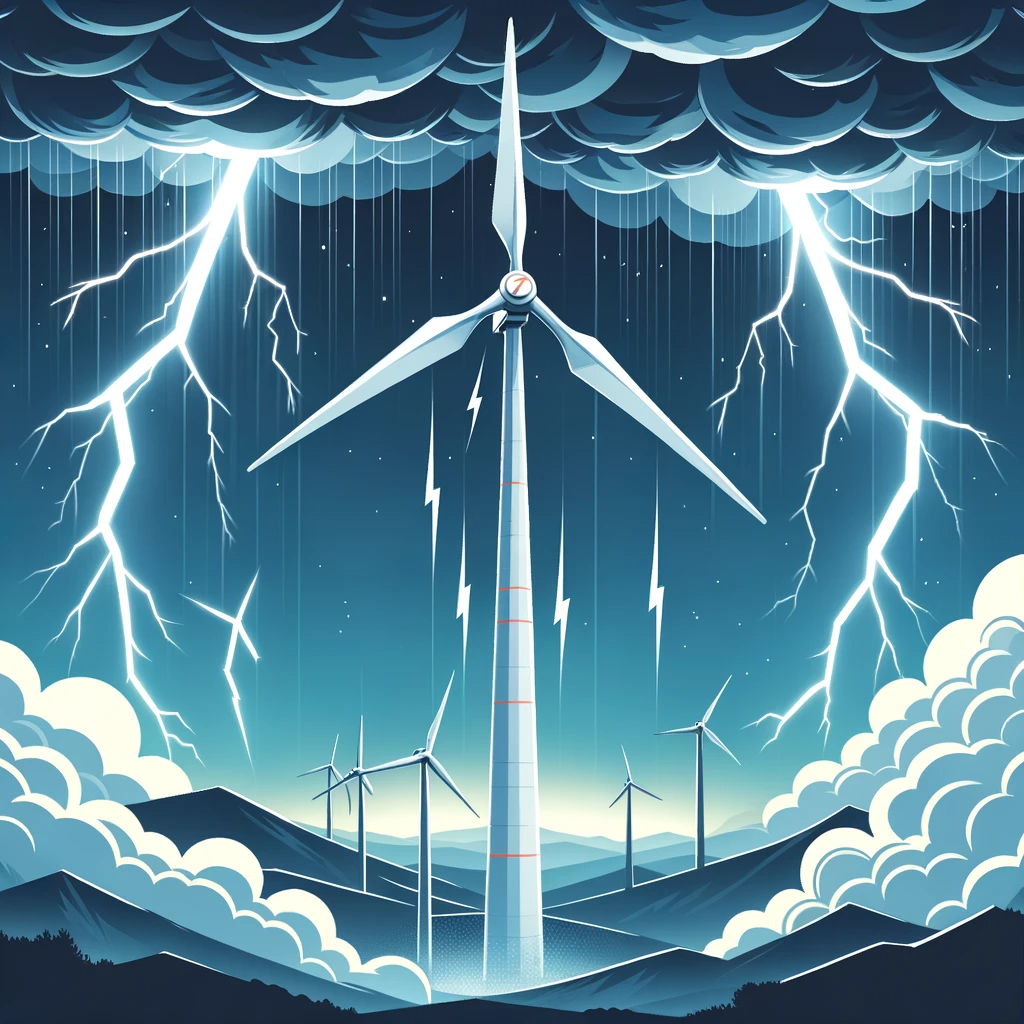 DALL·E 2023-10-26 11.40.49 - Vector illustration of a towering wind turbine under a stormy sky. Lightning bolts strike around it, but are diverted safely to the ground through a g