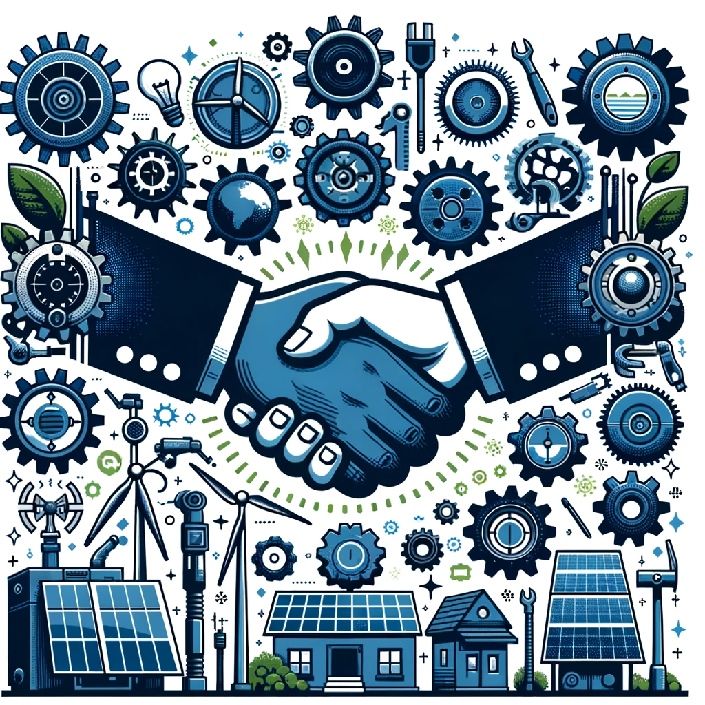 DALL·E 2023-10-26 12.34.57 - Vector design depicting a diverse array of renewable energy equipment from various OEMs. Above them, a handshake symbolizes an 'agnostic relationship'