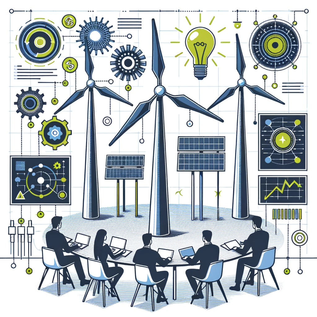DALL·E 2023-10-26 12.37.36 - Vector art of a team meeting in a modern office setting, focusing on wind turbine models and diagrams. Bright lightbulb icons indicate moments of insi