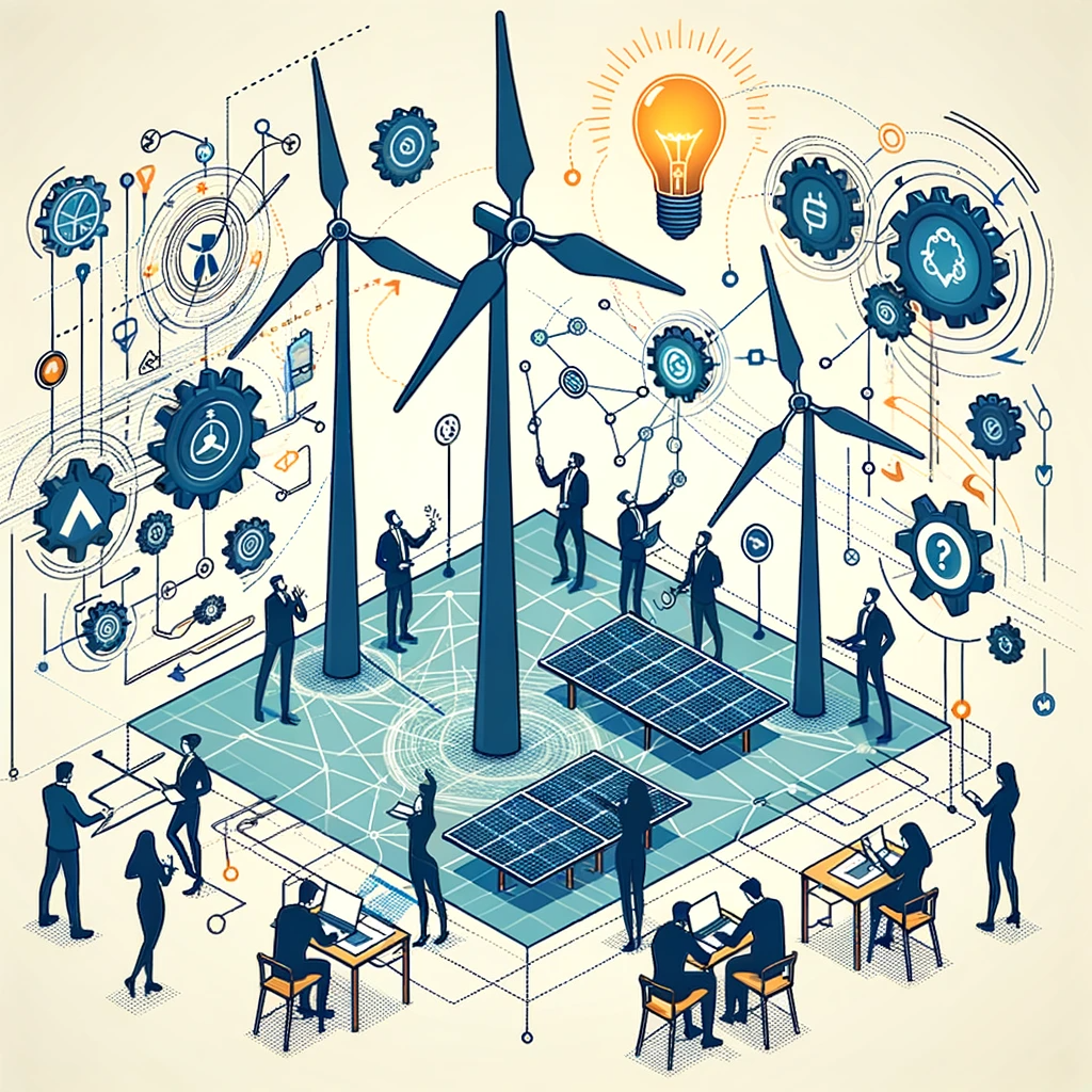 DALL·E 2023-10-26 12.37.41 - Vector graphic of a dynamic team collaboration scene, with members engaging over wind turbine blueprints and models. Floating lightbulb icons depict i